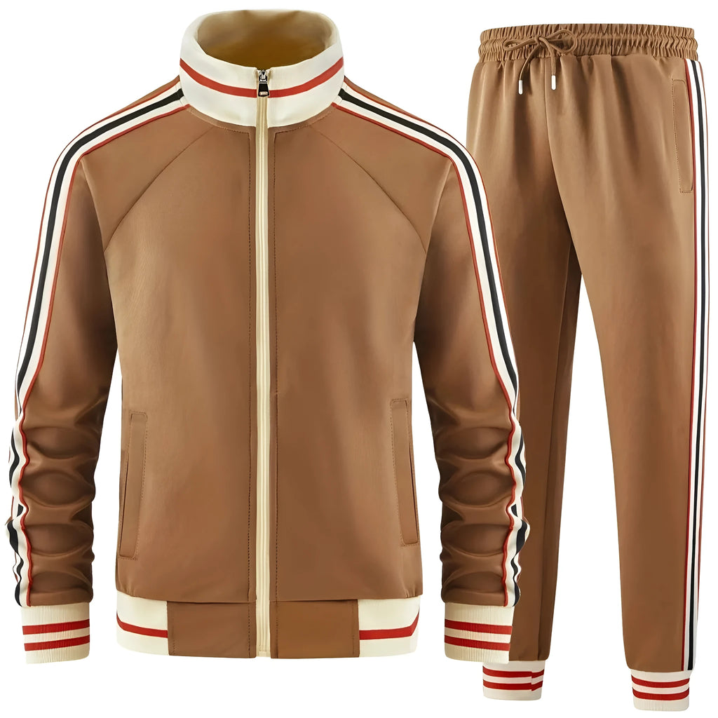 Men's khaki coloured polyester turtleneck zipper cardigan and matching trousers, a two-piece street style leisure suit.