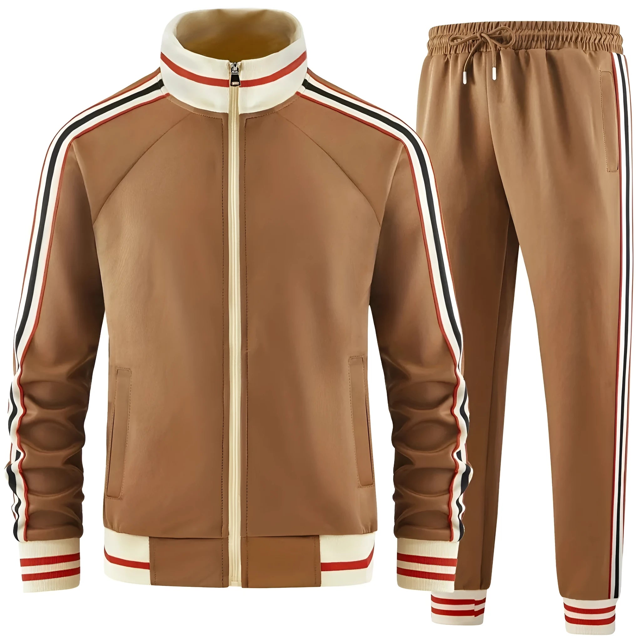 Men's khaki coloured polyester turtleneck zipper cardigan and matching trousers, a two-piece street style leisure suit.
