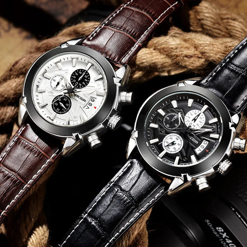 Men's multifunctional quartz watch with three-eye timing and luminous waterproof dial