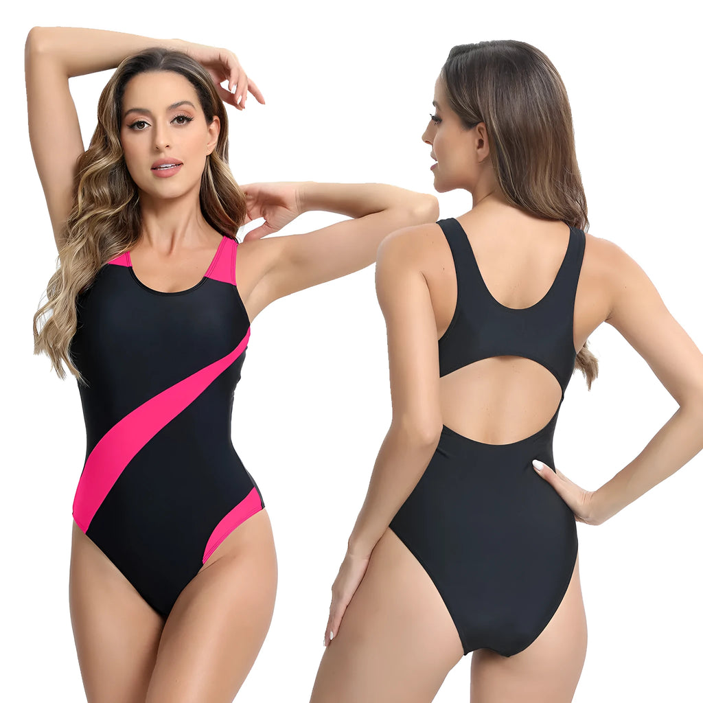 Women's sleeveless one-piece swimsuit briefs in rose red, blue, or white colours