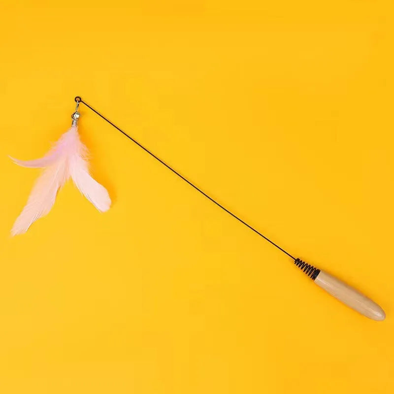 Wooden handle cat teasing stick with feather bell heads in multiple colours