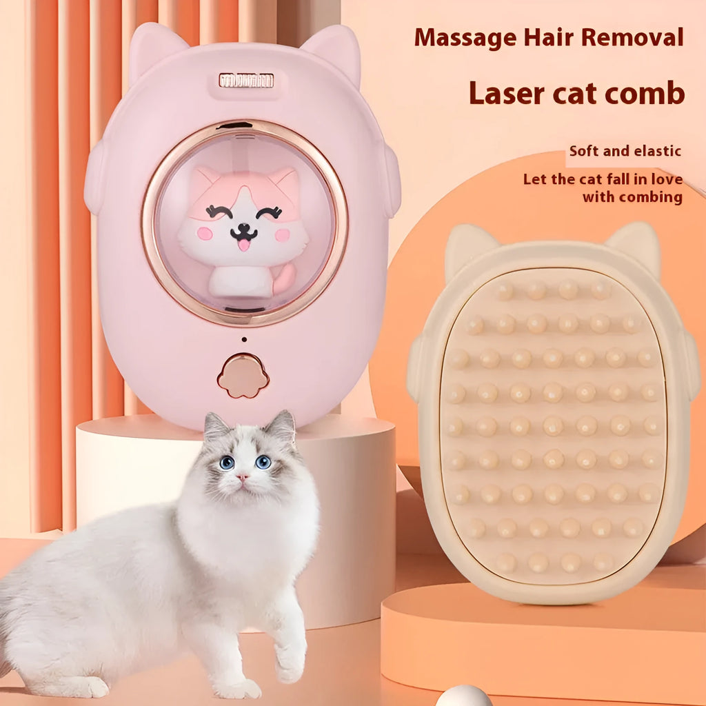 Pink and yellow pet grooming comb with integrated laser toy for cats and dogs