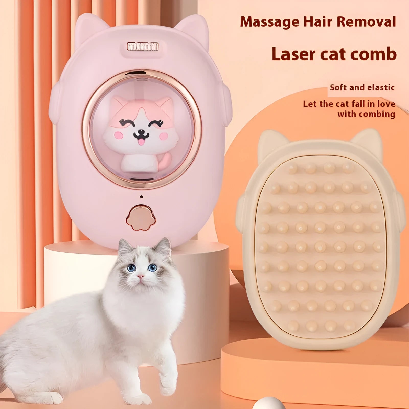 Pink and yellow pet grooming comb with integrated laser toy for cats and dogs
