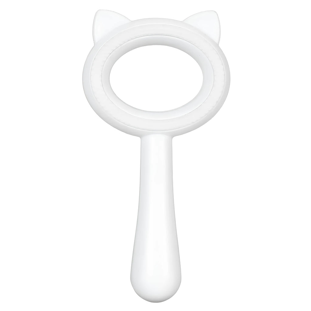 Blue and white double-sided pet grooming brush with comfortable handle for cats and dogs.