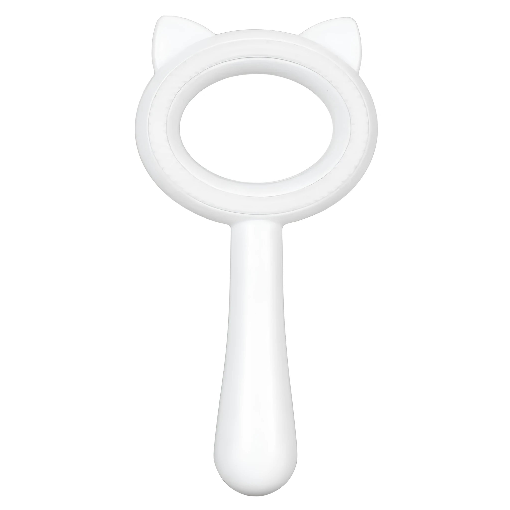 Blue and white double-sided pet grooming brush with comfortable handle for cats and dogs.