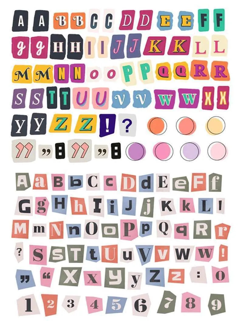 English letters and numbers symbol label stickers showing A-E letters and week words in cute printed designs