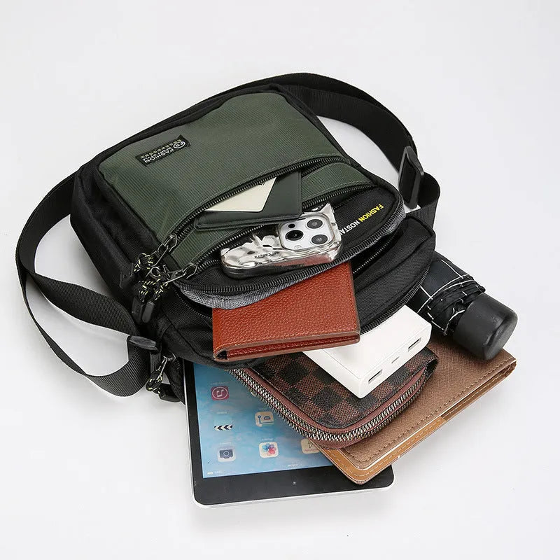 Men's solid colour nylon crossbody bag shown in green, black, dark blue, and gray options.