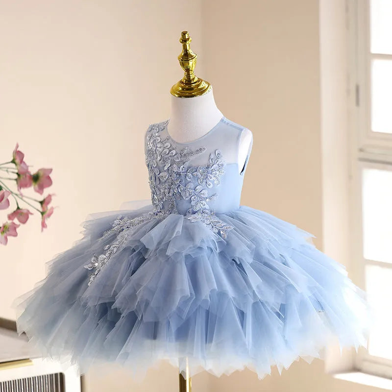Blue tulle tutu princess dress for children, polyester fabric, birthday party wear, sizes 80cm-150cm
