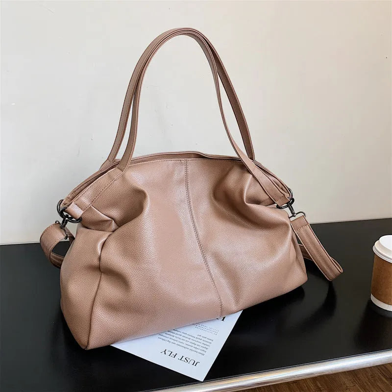 Large soft black PU messenger tote bag with shoulder strap and top zipper