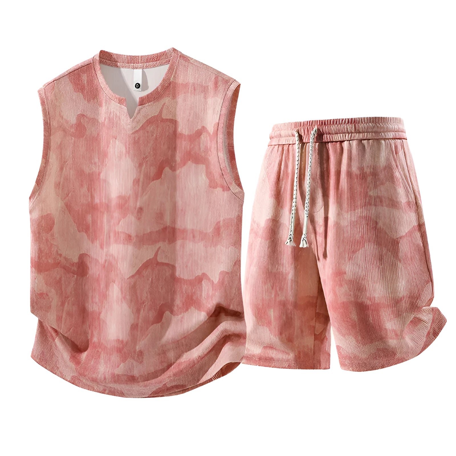 Sleeveless vest and shorts two-piece suit for larger sizes in quick-drying hemp-blend fabric