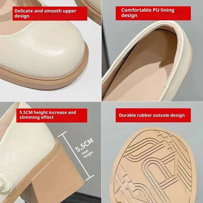 Women's PU leather loafers with short stout heel, round toe, in beige colour, solid colour design
