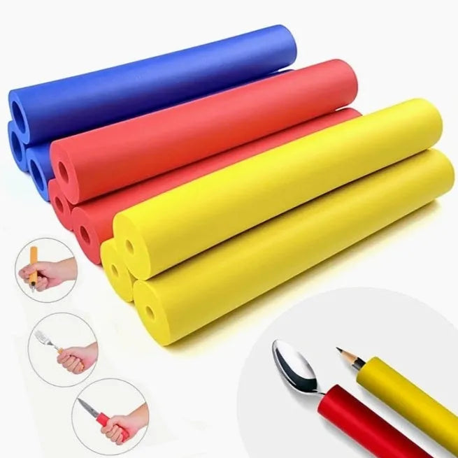 Set of black rubber grip hoses for organising tableware and pen handles in a drawer.