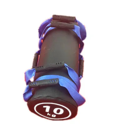 Flat white PVC fitness sandbag for weight lifting and strength training, shown with weight options.