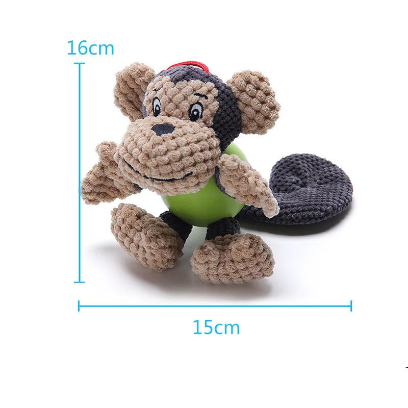 Cartoon monkey plush dog toy with four legs and two ears for small medium dogs