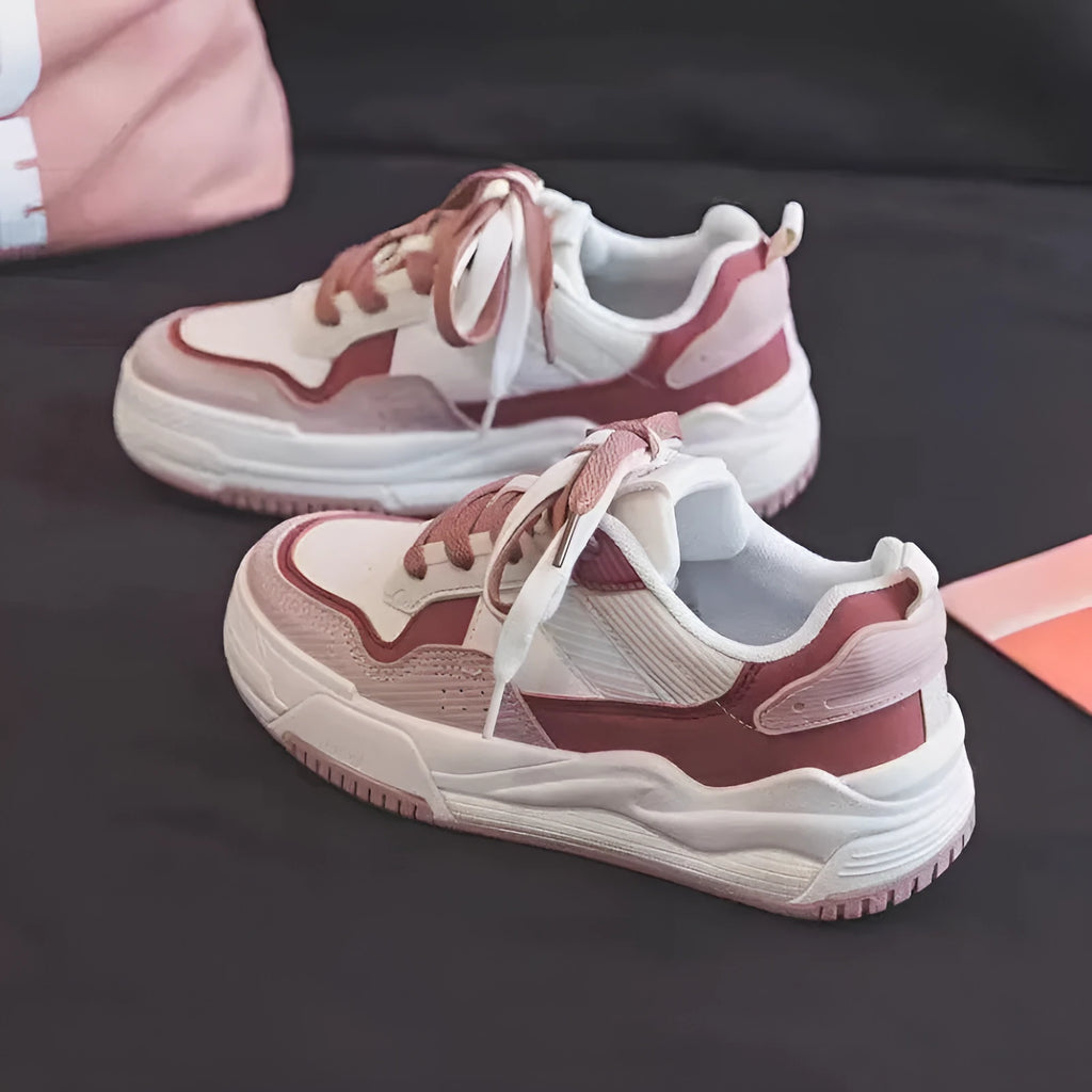 Spring low-top sneakers with rubber sole in beige and pink colour options on a white background