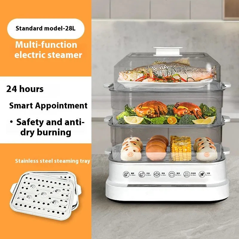 28-litre capacity electric steamer with stainless steel rack and automatic water measurement function