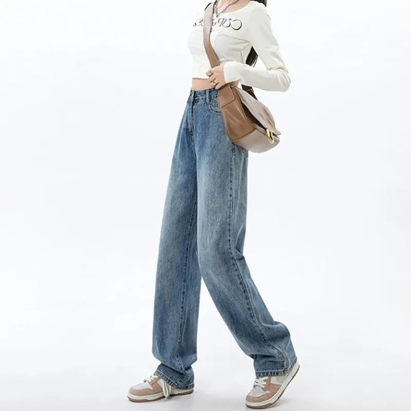 Women's retro blue high-waisted wide-leg jeans with a straight-leg cut on a hanger.