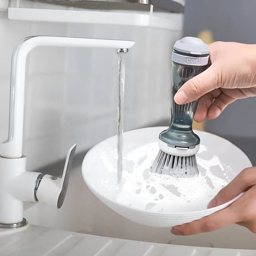 Milk white and mint green dish brush with soap dispenser in handle and non-scratch bristles