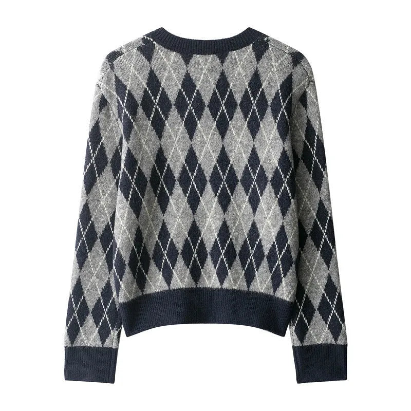 Women's diamond pattern contrast colour long sleeve knit sweater pullover regular fit