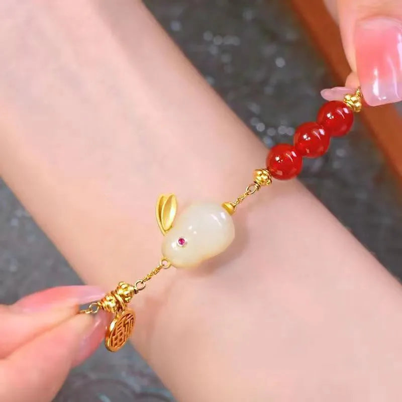 Green jade hare bracelet for women with electroplated finish and Chinese style animal design