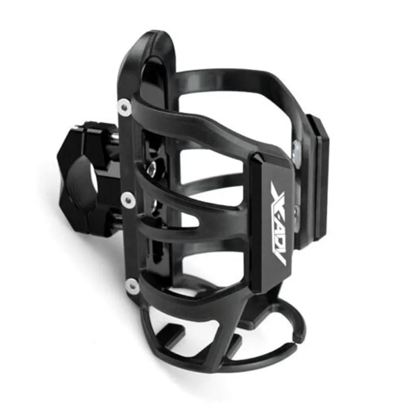 Black modified water bottle cage mounted on a Honda X-ADV scooter bumper.