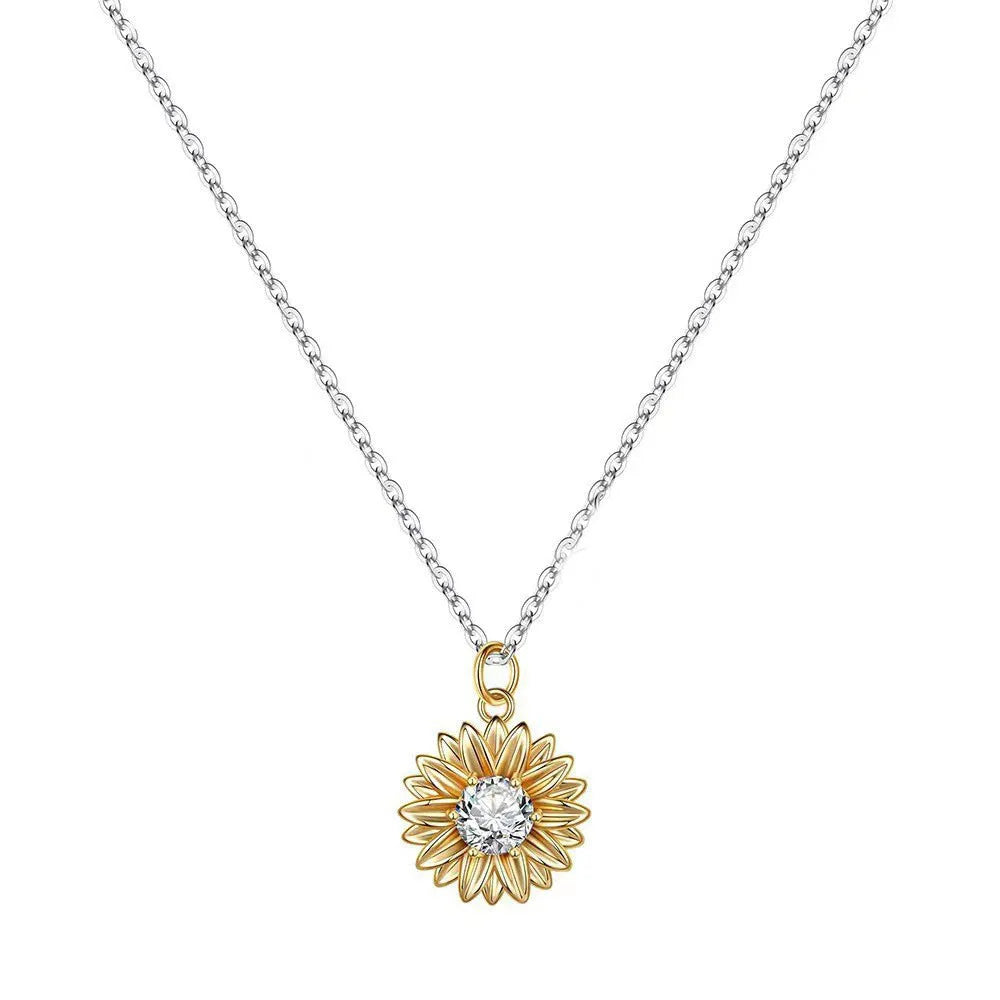925 silver adjustable sunflower necklace with geometric daisy pendant on a cross chain.