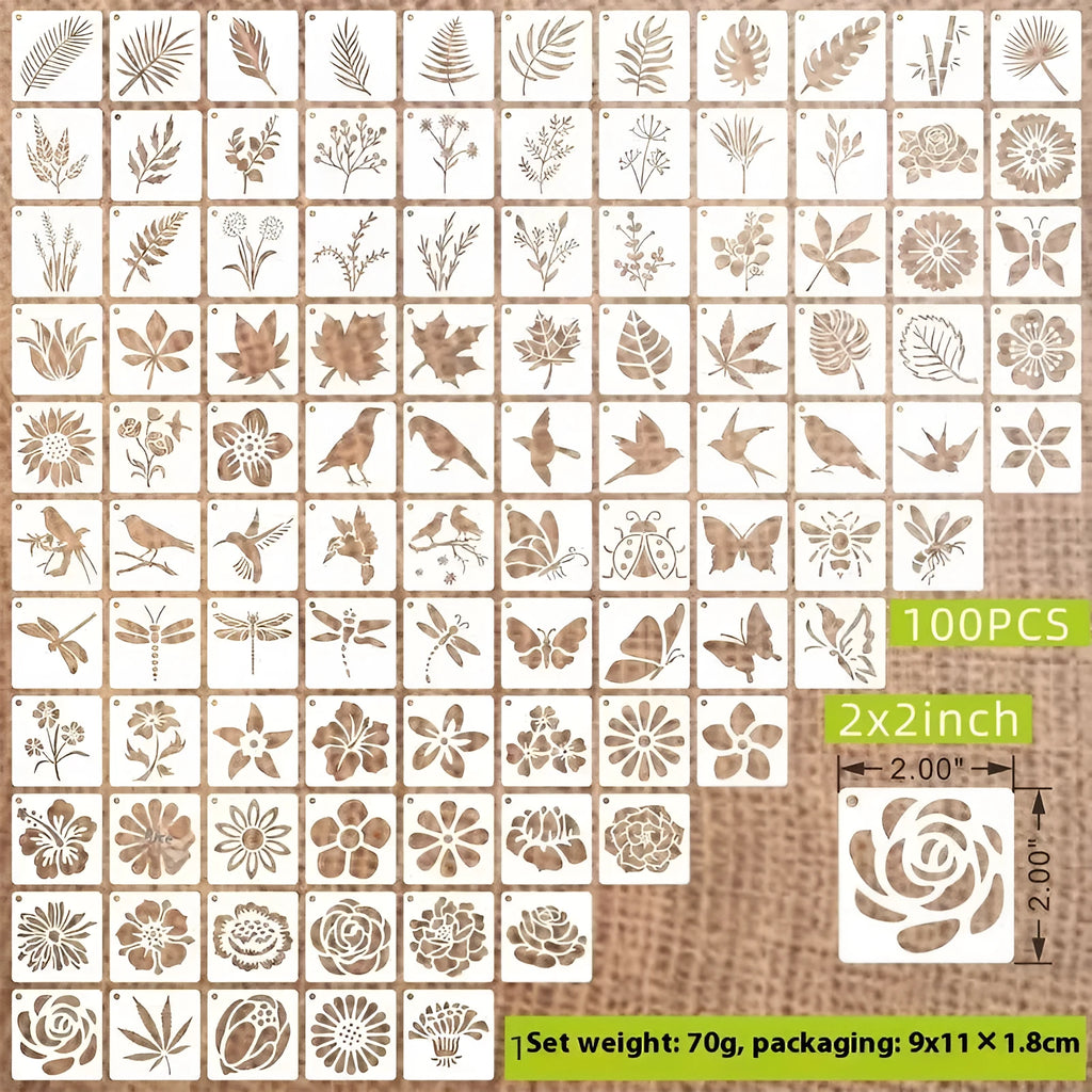 100-piece hollow spray painting stencil set showing milky white PET film templates with animal, Hawaii, ocean and floral patterns