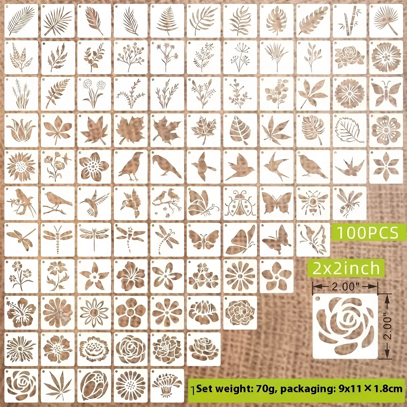 100-piece hollow spray painting stencil set showing milky white PET film templates with animal, Hawaii, ocean and floral patterns