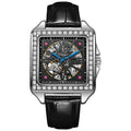 Men's square-faced automatic watch with diamond studs on a black leather strap