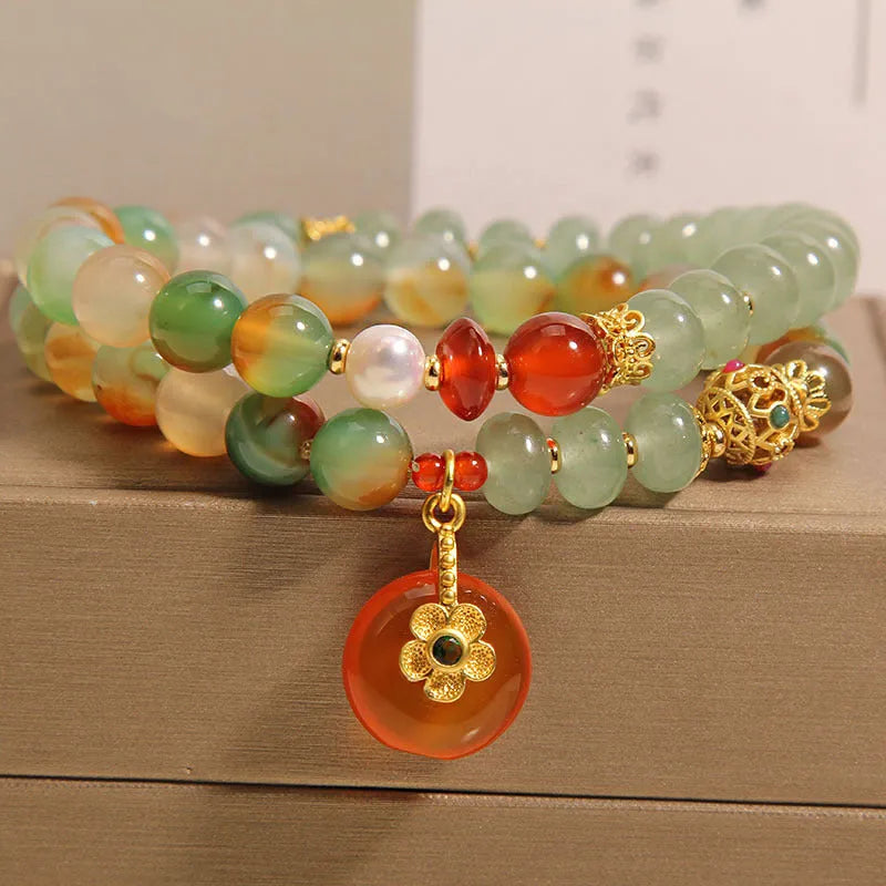 Peacock green agate double ring bracelet with safety buckle clasp and rhinestone decorative elements