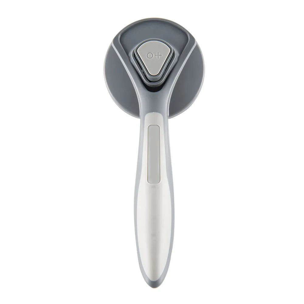 Grey self-cleaning slicker brush for pets with a comfort-grip handle and one-touch cleaning button.