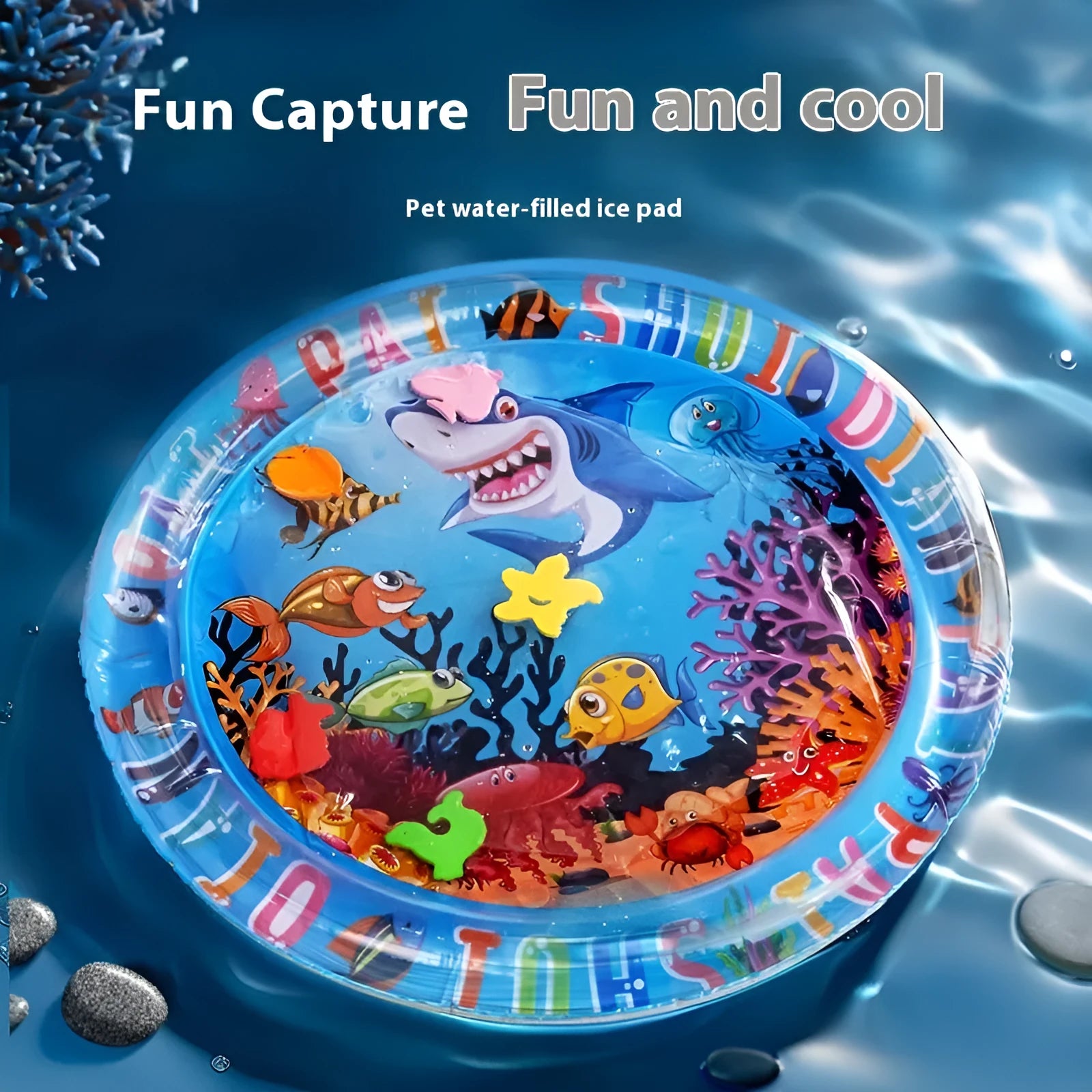 PVC inflatable pet cooling water mattress in Underwater World, Dolphin, or Shark design