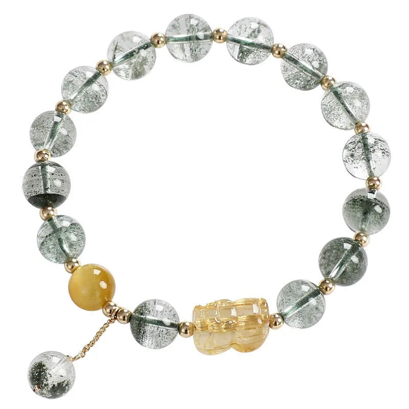 Green phantom quartz crystal bracelet with 8mm geometric beads and gold rutile inclusions