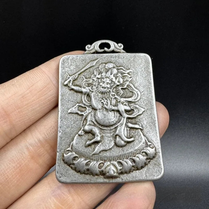 Iron antique pendant with Chinese geometric carving and Aryaacalanatha Yamantaka design
