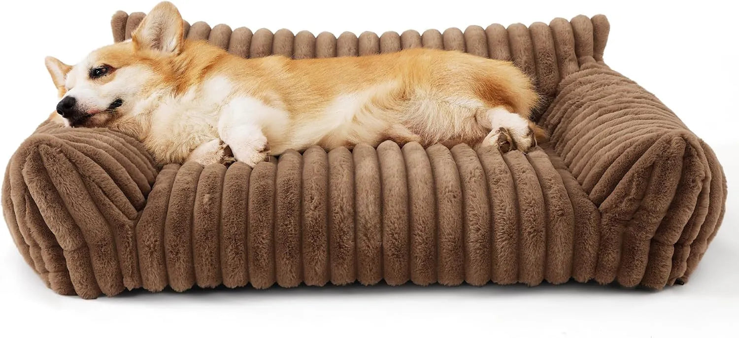 Supportive cat couch bed with three-sided design and soft corduroy fleece fabric in beige colour