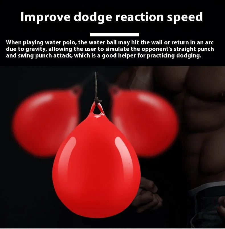 Red PVC water-filled boxing reaction ball with black hook rope sling for speed training.