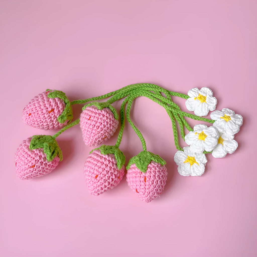Handmade wool crochet woven strawberry pendant on 35cm cord in pink colour option