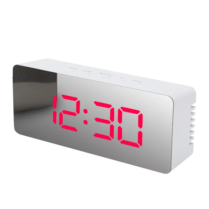 LED digital mirror desktop alarm clock with USB cable, plastic shell, rectangular white light
