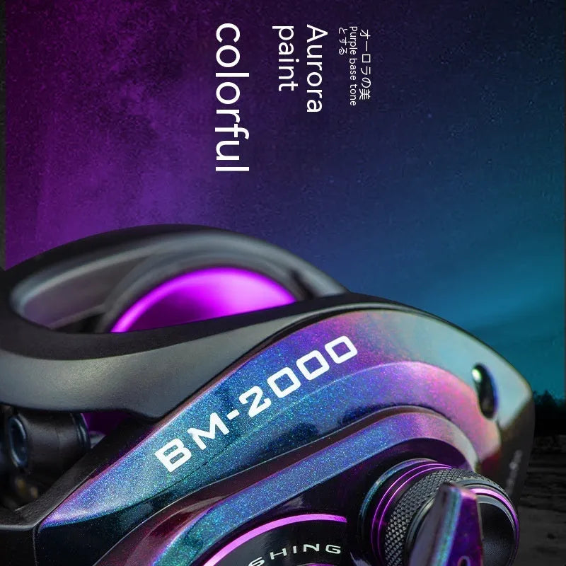 BM2000 baitcaster fishing reel with magnetic brake and water drop spool, shown in left-hand and right-hand retrieve models.