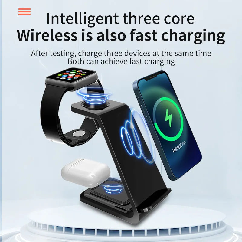 White 3-in-1 upright mobile phone holder and wireless charger with USB port on a desk.
