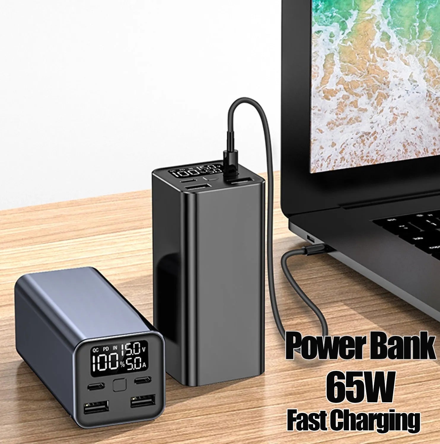 Black metal 65W high-power laptop charging bank showing size and USB-C port.