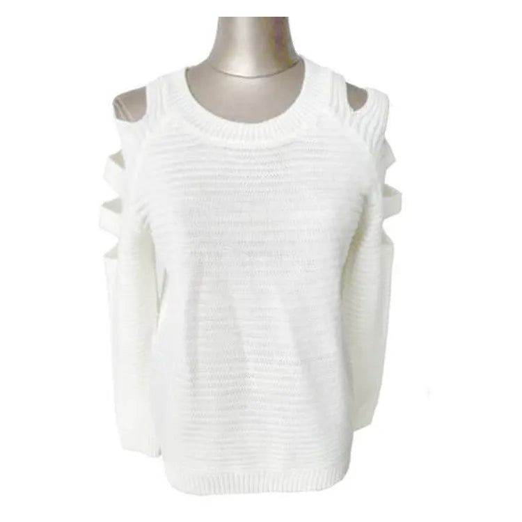 Women's white hollow-out crocheted knitted long sleeve pullover shirt.