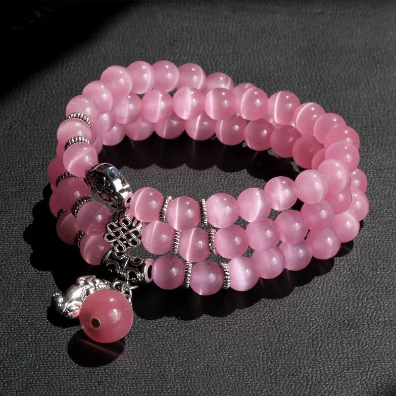 Opal lucky cat cartoon bracelet with geometric 8mm beads in adjustable 52cm length