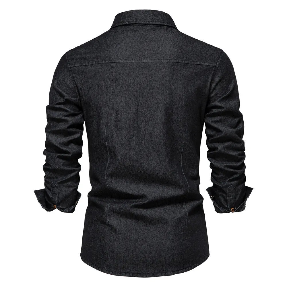 Men's slim fit long sleeve cotton denim shirt in solid colour on hanger