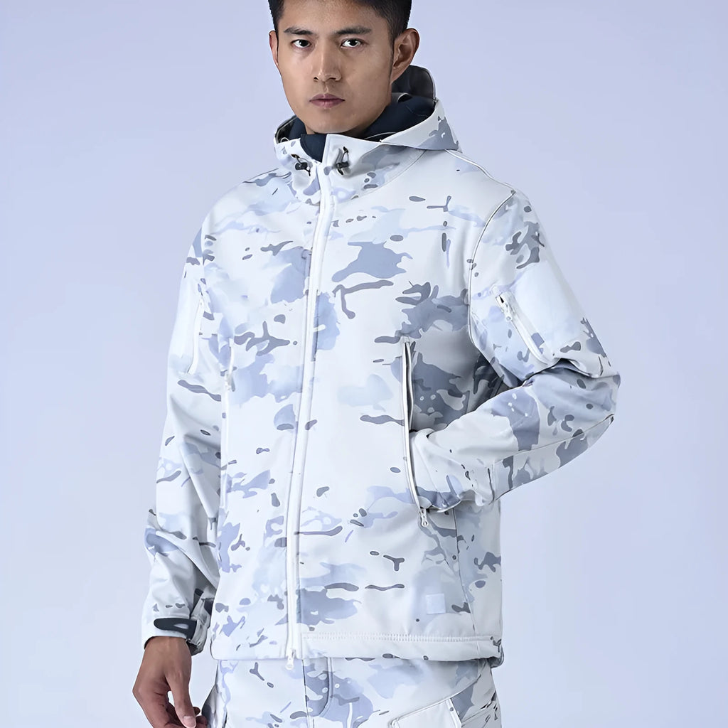 Snow camouflage waterproof fleece windbreaker with wool lining for winter outdoor wear