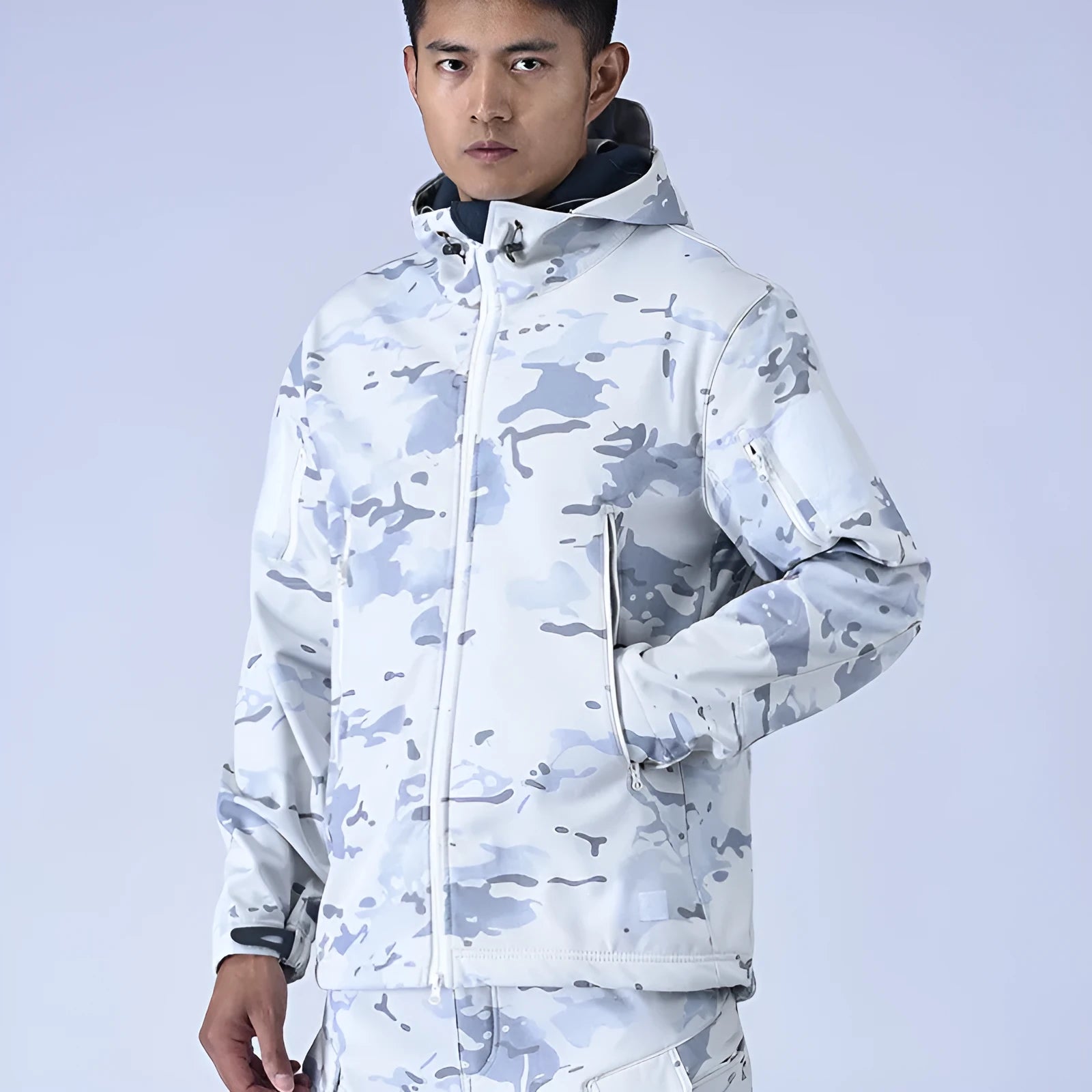 Snow camouflage waterproof fleece windbreaker with wool lining for winter outdoor wear