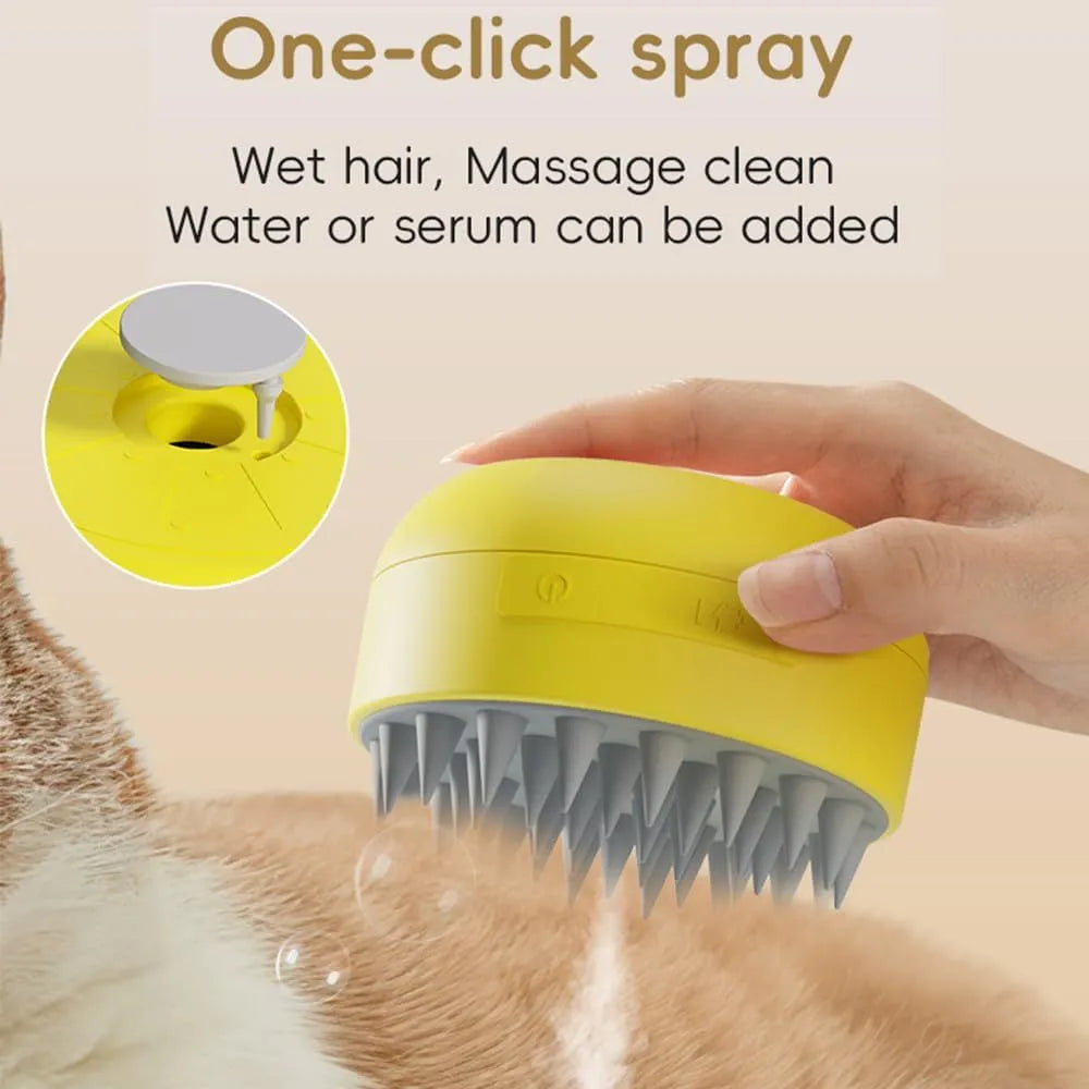 Green and yellow rechargeable steam brush for grooming cats and dogs on a white background.