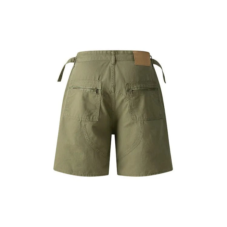 Retro washed cotton shorts for men and women with a zip fly and loose fit, shown in grey, green, camouflage, or blue.