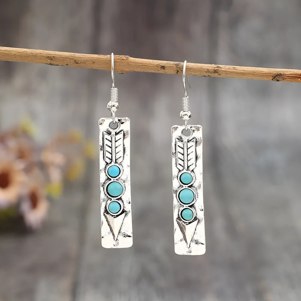Silver geometric earrings with turquoise inlay on long strip zinc alloy design for women