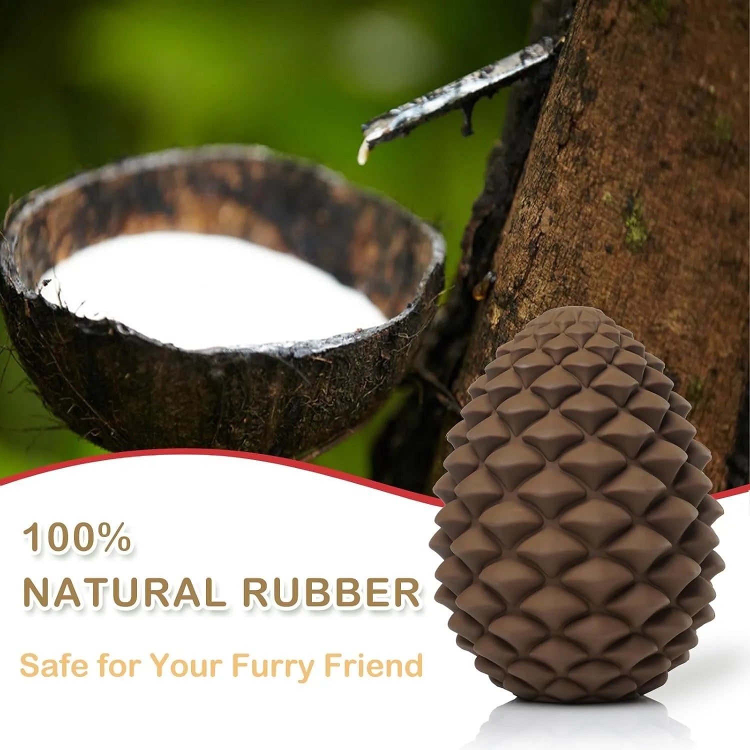 Yellow pine cone shaped natural rubber dog toy with treat dispenser hole